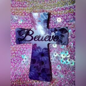 BELIEVE Purple/Blue Daisies Floral Cross Magnet